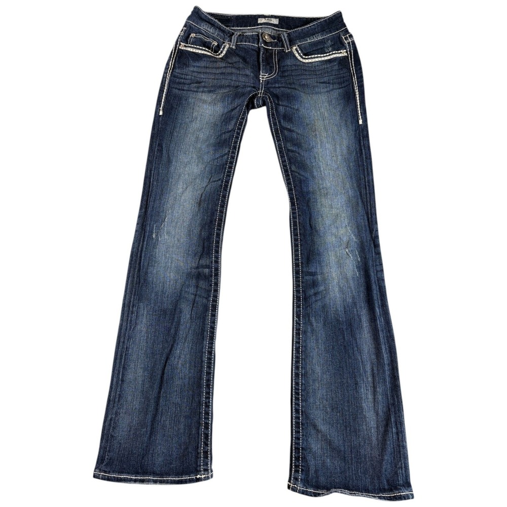 Daytrip Leo‎ Bootcut Jeans Womens 27L Blue Denim Whiskered Contrast Stitch Y2K